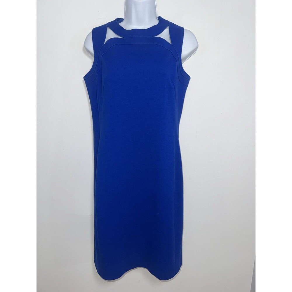 AKRIS Punto Cobalt Blue Cutout Shoulder Punto Milano Sheath Dress Women Size 8